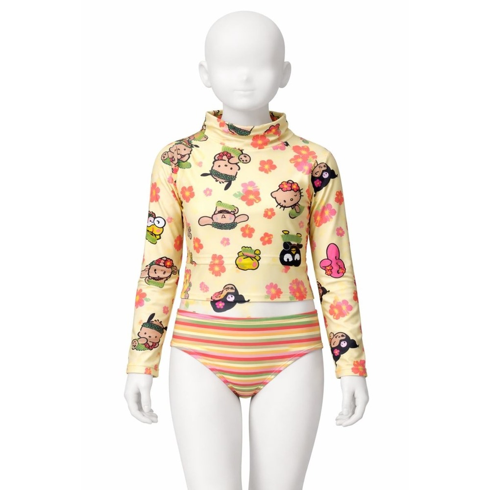 Hello Kitty and Friends Girls Swimsuit Rash Guard Set Yellow Floral Striped 6-6X